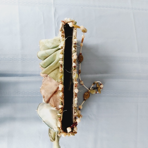 Mary Frances Suede Ruffled Handbag Handcrafted Earth Tones Beaded Strap - Picture 11 of 13